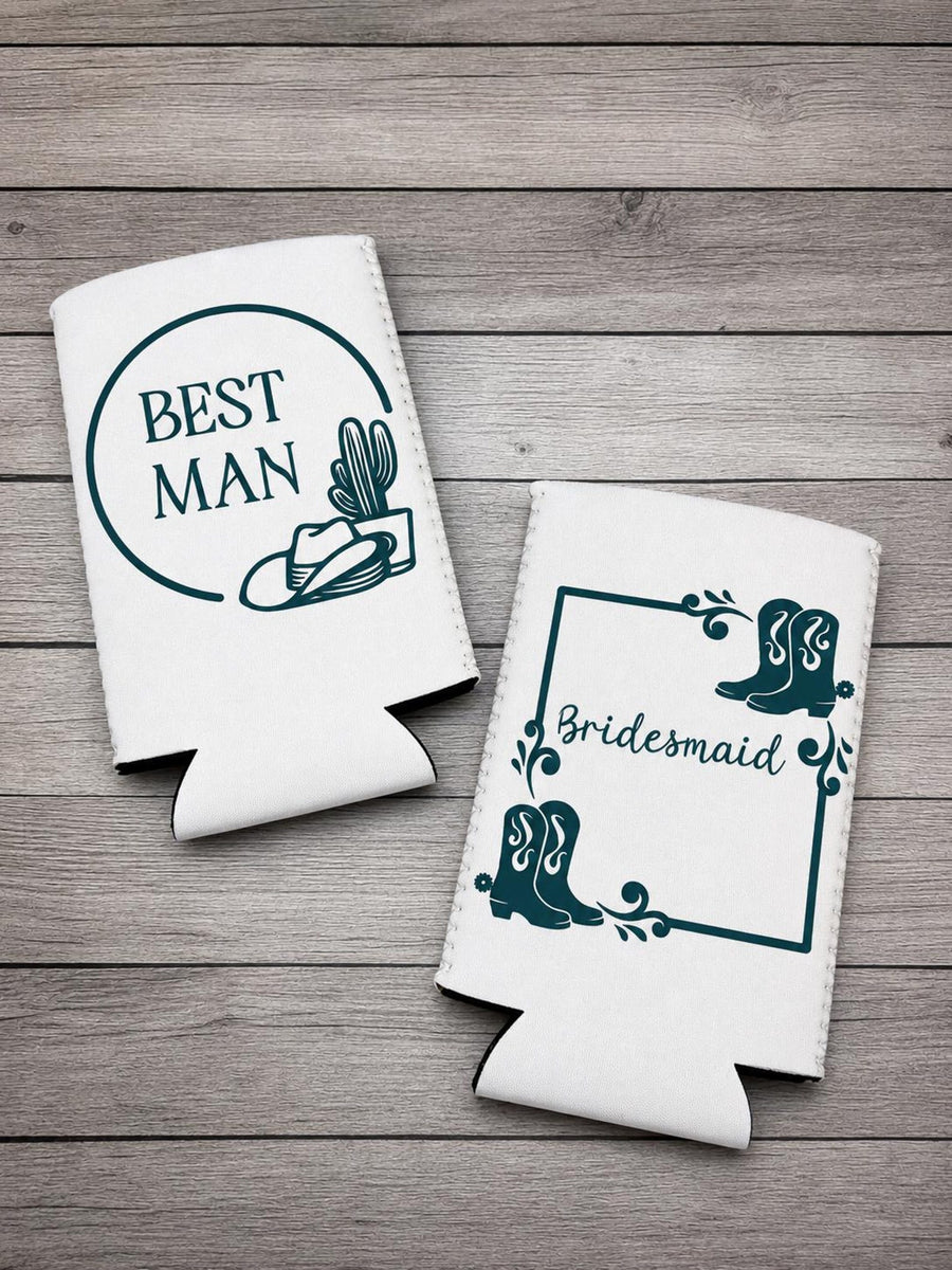 Personalized Western Wedding Can Cooler, Custom Bride Groom Koozie, Bridesmaid Man Gift Holder