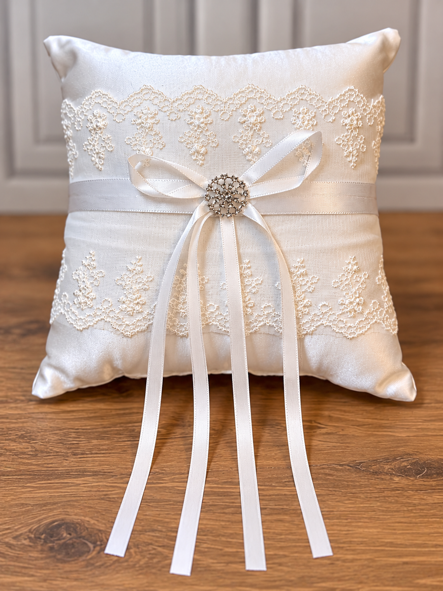 White Satin Ring Bearer Pillow with Lace, Ribbon Bow and Rhinestone Accent
