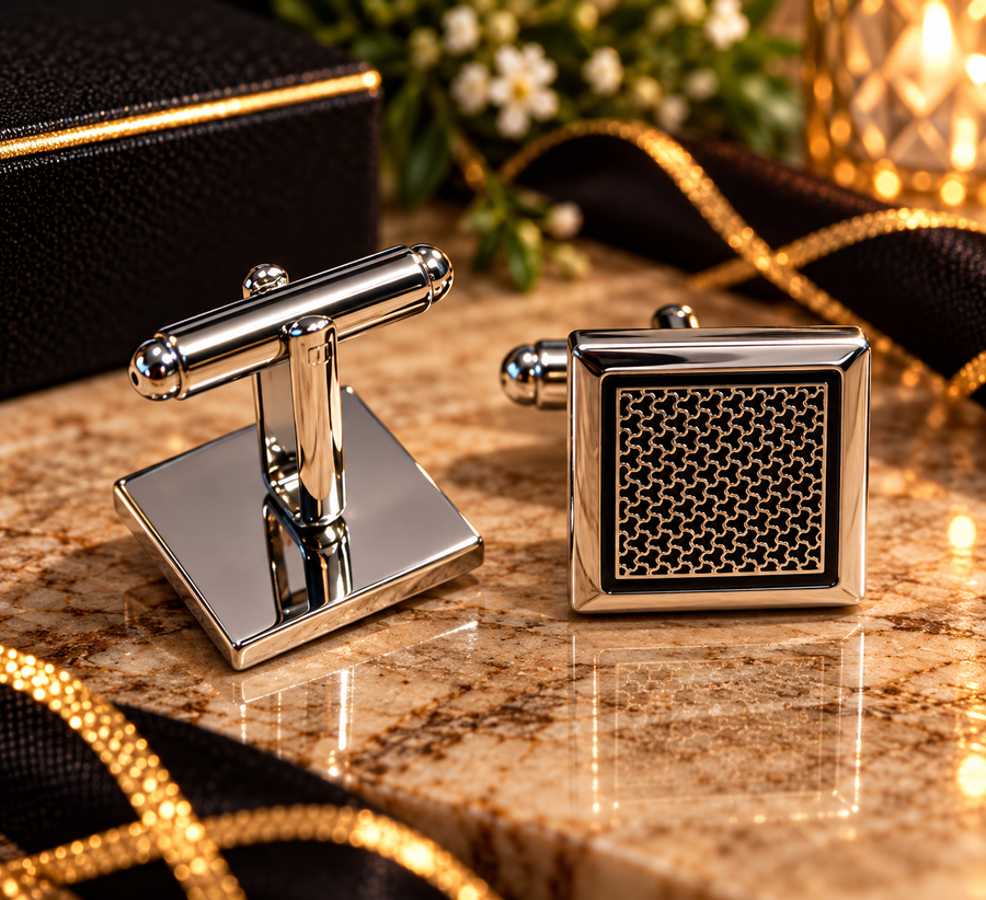 Silver-Tone Square Cufflinks with Black Lattice Design, Groom and Groomsmen Gift, Formal Suit Accessories