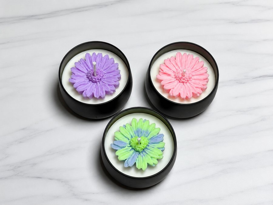 Mini Flower Candle in Black Jar | Floral Decorative Candle | Handmade Candle | Wedding Favor | Bridal Shower Gift | Small Gift Candle