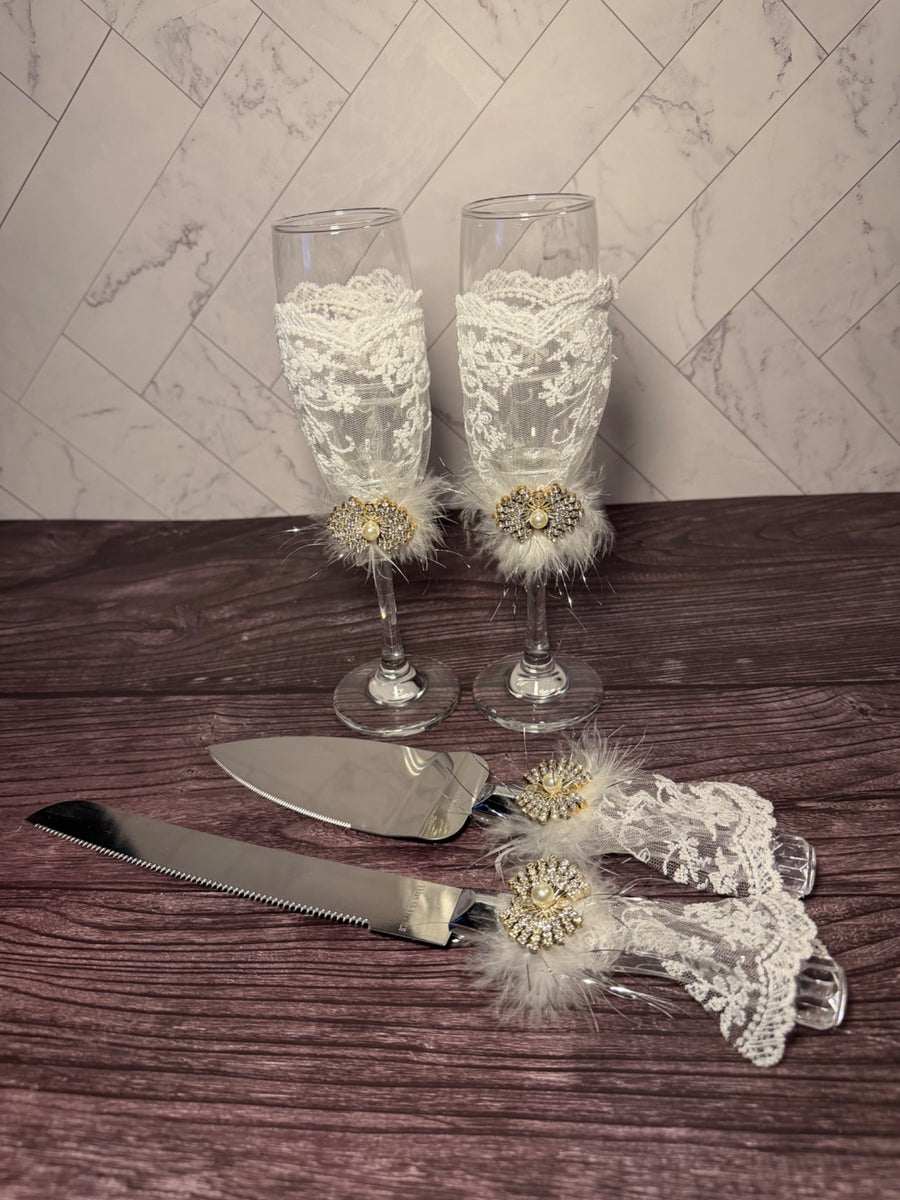 4-Piece Wedding Toasting Flutes and Cake Cutting Set with Lace and Pearl Accents