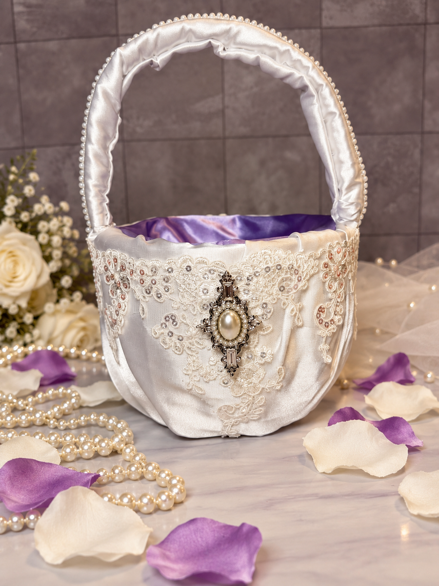Elegant White Satin & Lace Flower Girl Basket