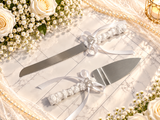 White Wedding Cake Cutting Set with Ribbon Bows and Double Heart Accen ...