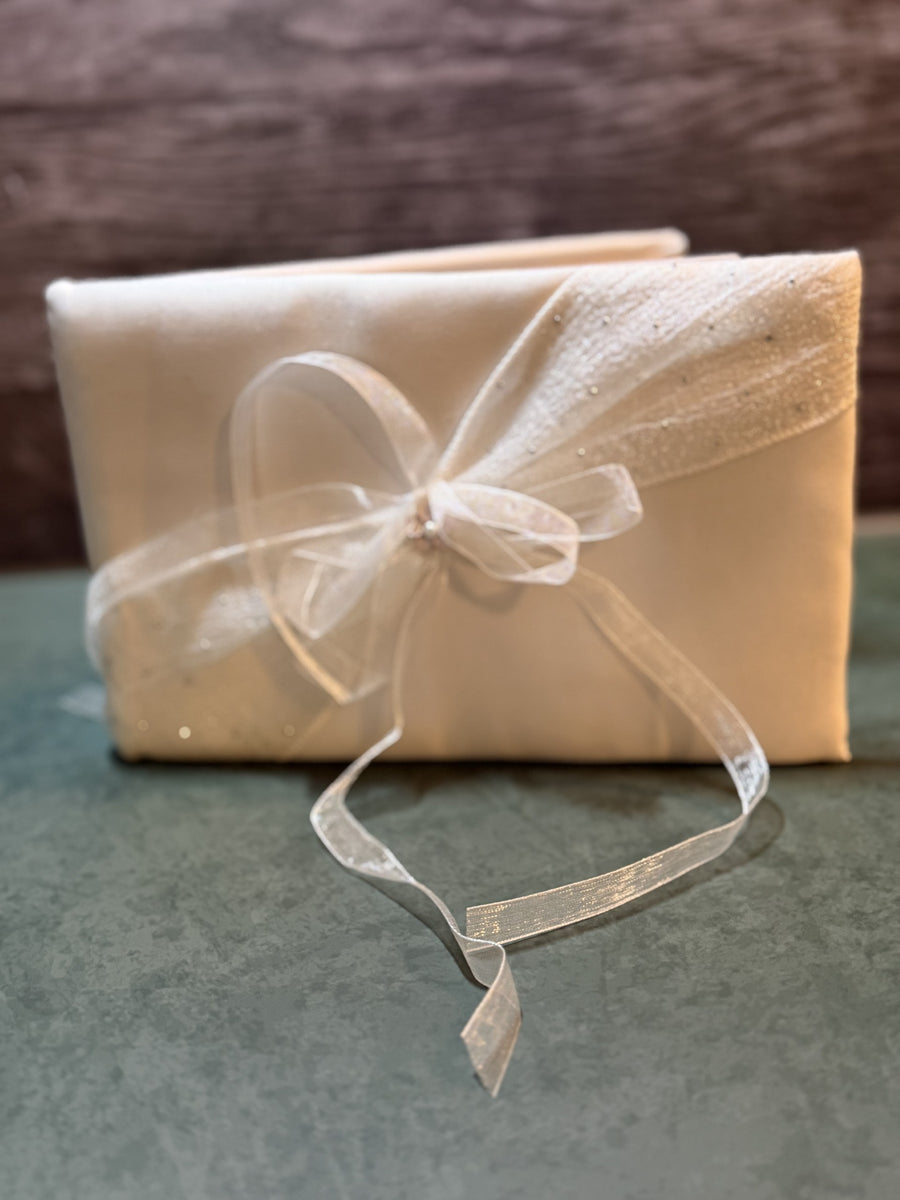 Modern White Wedding Guest Signature Book with Sheer Ribbon Bow and Bride & Groom Family Pages