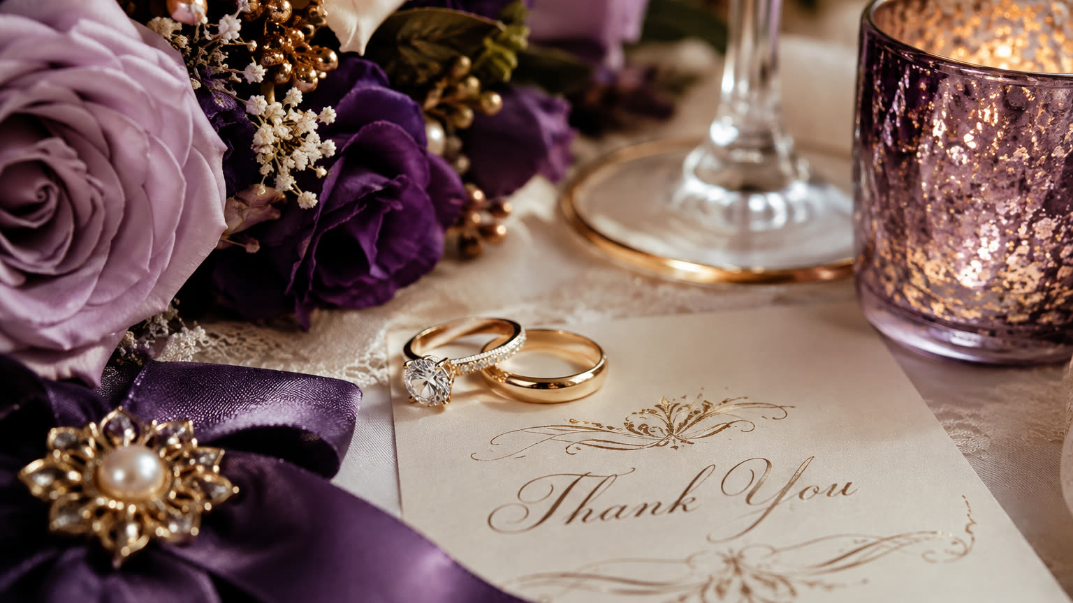 Wedding rings resting on a gold-scripted thank you card, with plum and lilac roses, a gold-rimmed glass and candlelight